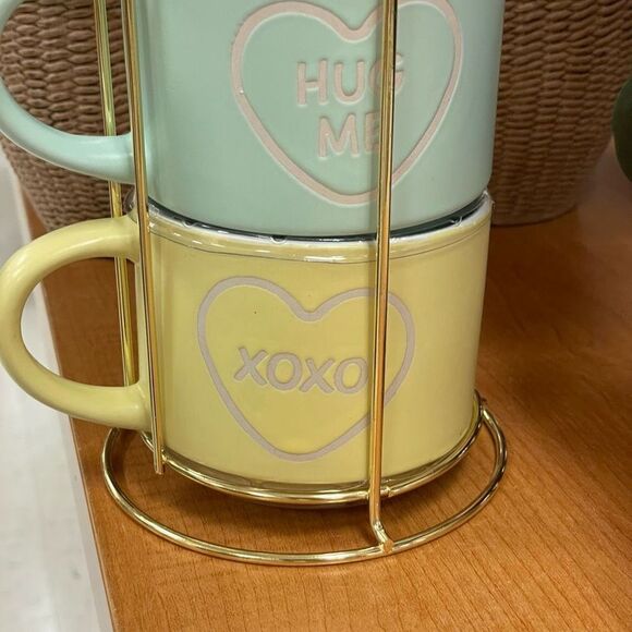 NWT Eccolo Set of 4 Stackable Mugs with Gold Rack White Hearts & Letters Pastel - Picture 8 of 11